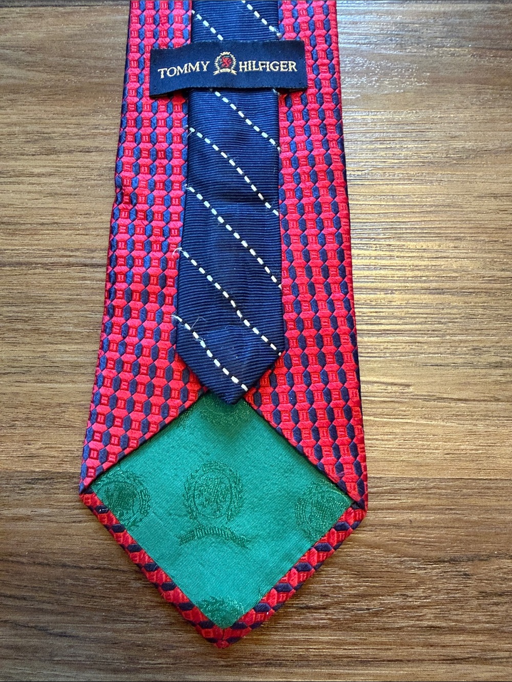 Vintage Tommy Hilfiger Red and Navy Geometric Men's Tie. 100% Silk